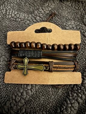 Set of 3 Brown & Black Cross Leather Bracelet Set